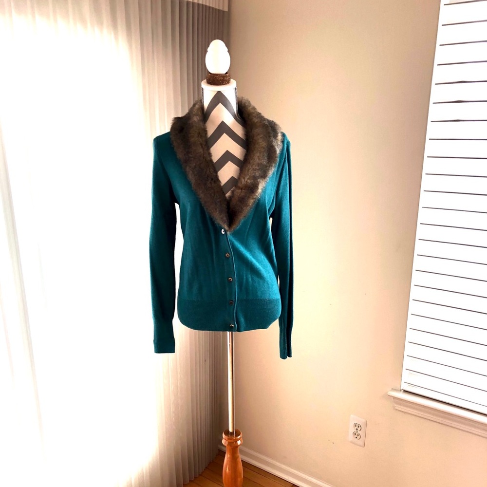 CAbi Faux Fur Collar Cardigan | Turquoise | Medium